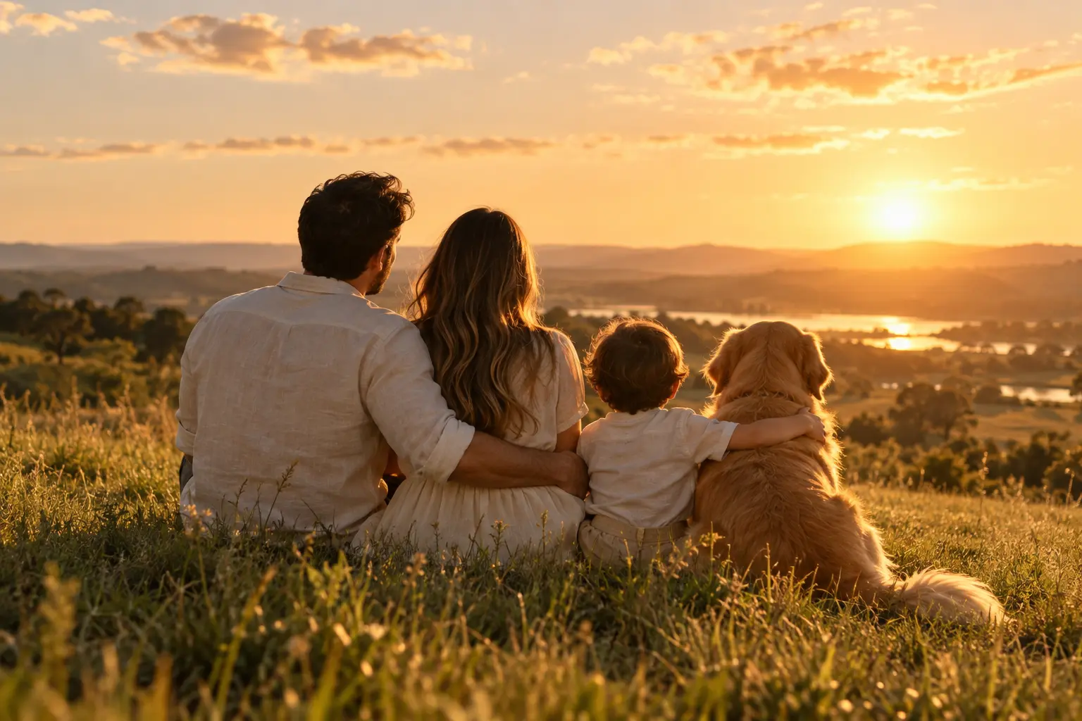 Família e cachorro contemplando o pôr do sol